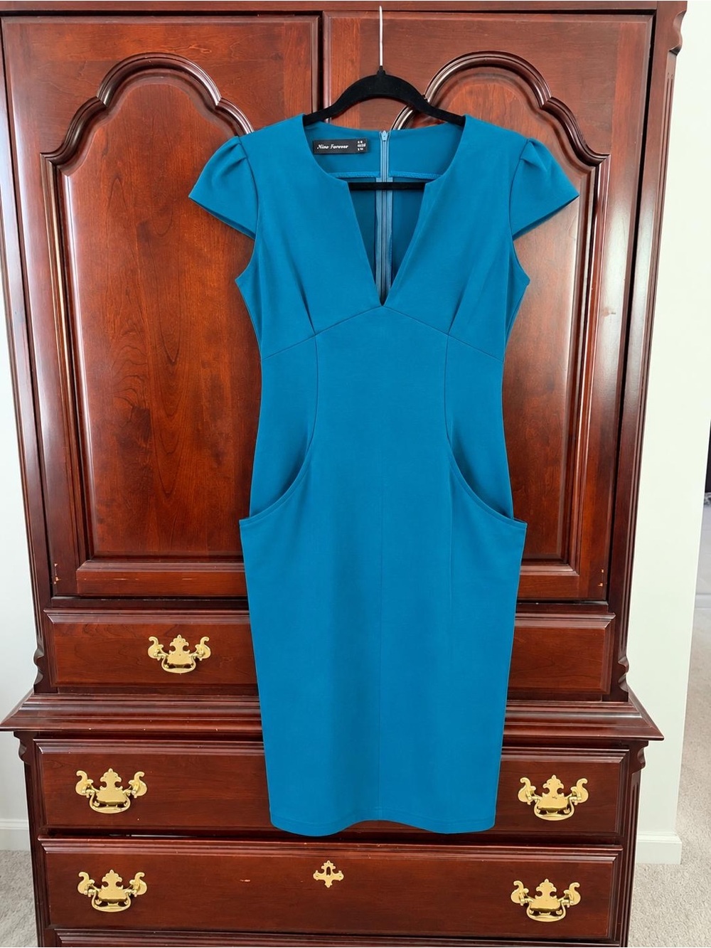 Forever 21 Teal V-Neck Midi Sheath Dress